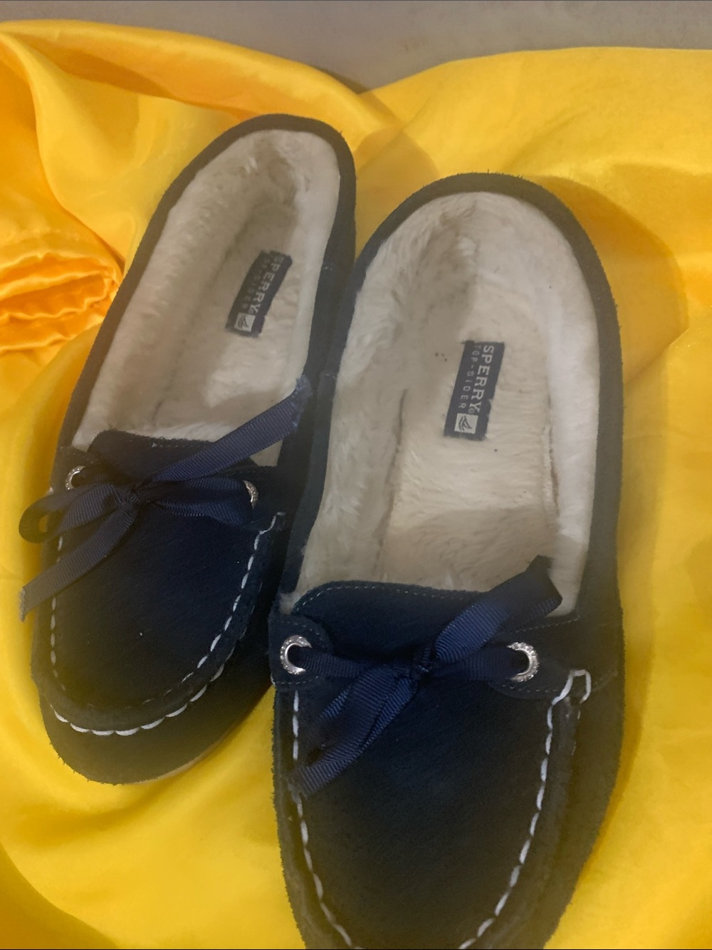Sperry Navy Faux-Fur Lined Moccasins/slippers with Bow